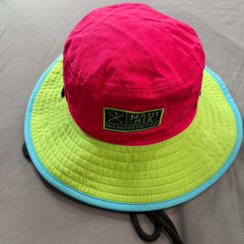 Maui Nix Surf Shop Boonie Hat Neon Pink Green Wide Brim Chin Cord L/XL